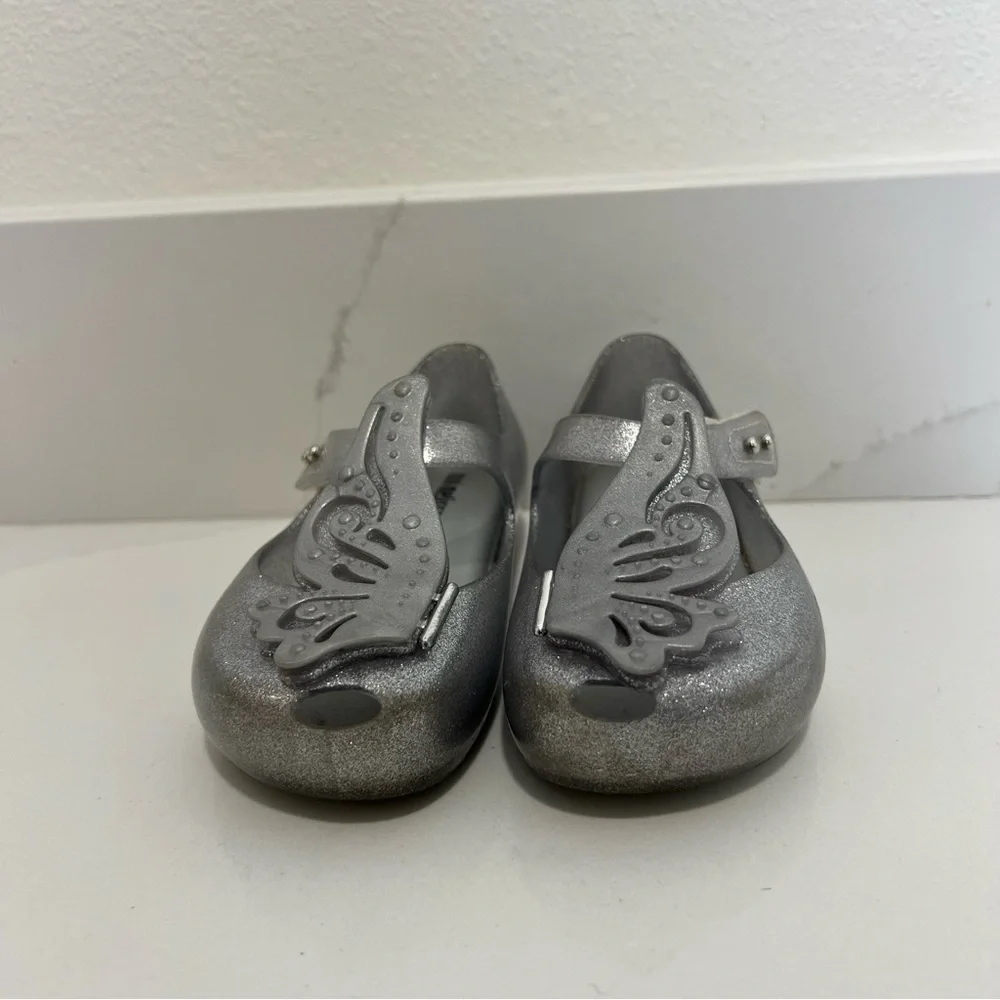 Mini Melissa Kids' Silver Glitter Shoes with Butterflies size 9